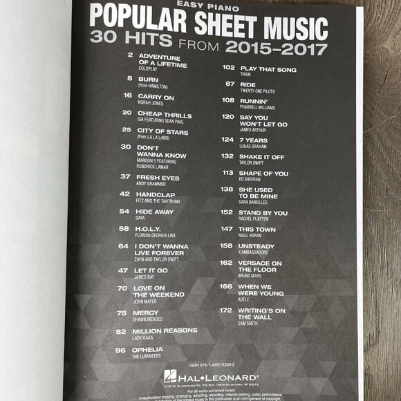 Popular Sheet Music 30 Hits from 2015-2017 Easy Piano Songbook Hal Leonard - Picture 5 of 5